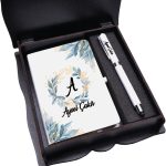 Ahşap Hediye Kutulu Mavi Altın Yaprak Desenli İsme Özel Defter + Kalem Hediye Seti