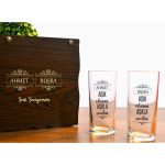 Ahşap Kutulu 2'Li Rakı Bardağı Seti Kişiye Özel İsim Baskılı