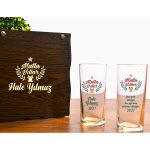 Mutlu Yıllar Temalı Kişiye Özel Ahşap Kutuda Rakı Bardağı Seti