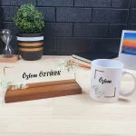 Kişiye Özel Ofis Masa İsimliği ve Kupa Bardak Hediye Seti - Yaprak Desenli