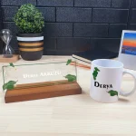 Kişiye Özel Ofis Masa İsimliği Ve Kupa Bardak Hediye Seti - Yaprak Desenli