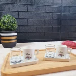 Kişiye Özel 2’li Türk Kahvesi Fincanı Ve Mini Su Bardağı Hediye Seti - Çiçekli Oval Çerçeve Desenli